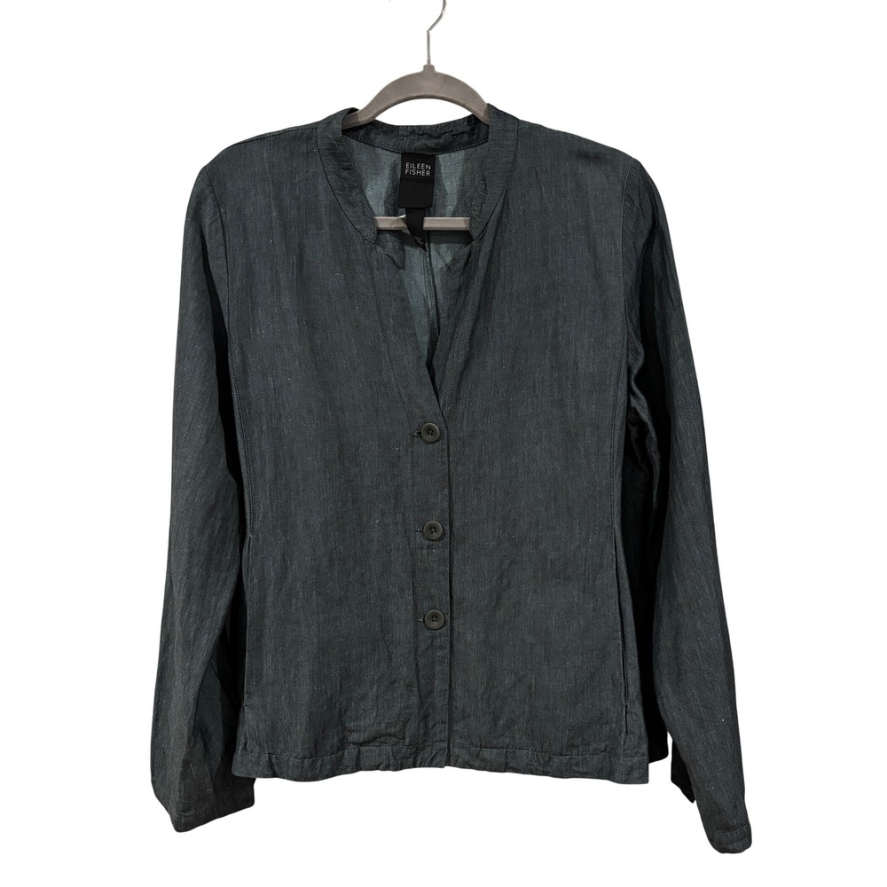 Eileen Fisher Jacket Womens M Gray Linen Viscose Button Front Lagenlook NWOT